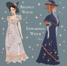 two women in dresses and hats with stars on the background, one wearing a witch hat