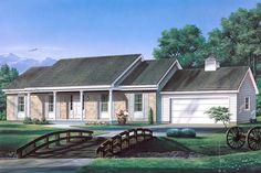 this is an artist's rendering of a ranch house with two covered porches