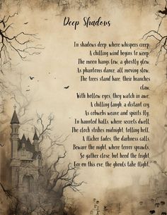 the poem deep shadows is written in black ink on an old parchment paper with spooky trees