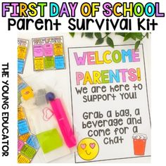 the first day of school parent survival kit is on display with an image of a welcome sign