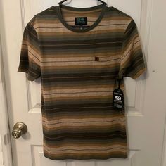 Cool Looking Shirt, Never Worn! Casual Khaki Tops, Brown Casual Tops With Relaxed Fit, Brown Relaxed Fit Casual Top, Casual Striped Cotton Shirt, Casual Striped Shirt With Graphic Print, Casual Brown Shirt With Graphic Print, Casual Green Shirt, Casual Khaki Top For Everyday, Casual Striped Crew Neck Shirt