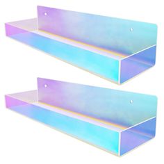 two metal shelfs with pastel colors on them