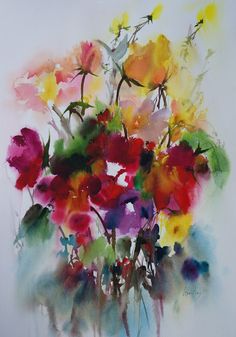 a painting of colorful flowers in a vase