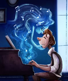 a boy sitting at a piano with music notes coming out of his head