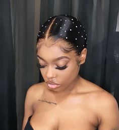 Barbie Ponytail With Diamonds, Ponytail With Pearls Black Women, Prom Hairstyles With Pearls Slick Back, Gems In Hair Black Women, Slick Back Ponytail With Gems, Hair Gems Black Women, Hair Gems Ponytail, Slick Back With Rhinestones, Bedazzled Ponytail