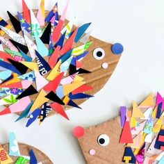 two paper hedgehogs made out of different types of construction paper and some scissors