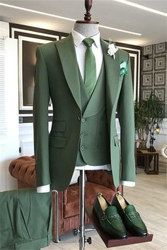 Ernest Modern Sage Green Peaked Lapel Three Piece Prom Suit Green Prom Suits For Men, Black Groomsmen Suits, Prom Suit, Pink Homecoming Dress, Designer Suits For Men, Suit Design, Prom Suits