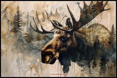 a painting of a moose with large antlers on it's head and trees in the background