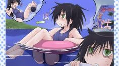 two anime characters sitting in the water and one is holding an object with her hand