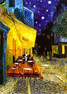 a painting of people sitting at tables in the middle of an alleyway under a night sky filled with stars