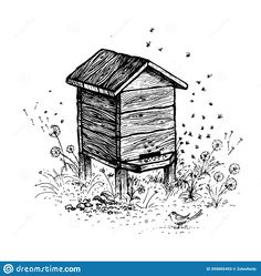 a beehive in the grass with flowers and birds flying around it royalty illustration