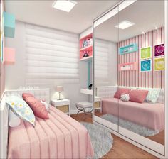 a bedroom with pink bedding and striped wallpaper on the walls next to a mirror