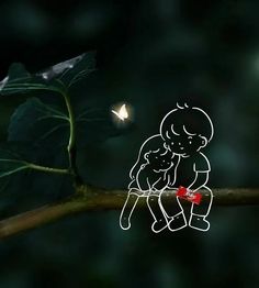 a drawing of a child sitting on a tree branch with a butterfly flying above it