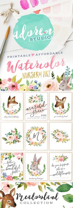 the watercolor logo is shown with flowers, leaves and animals on it's side