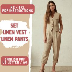 a woman standing in front of a wall with the text set linen vest and linen pants