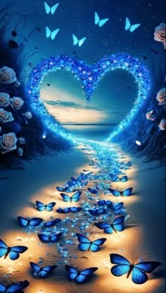 blue butterflies are flying in the air near a heart - shaped tunnel with roses on it