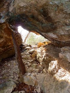 an open cave with rocks and trees in the background