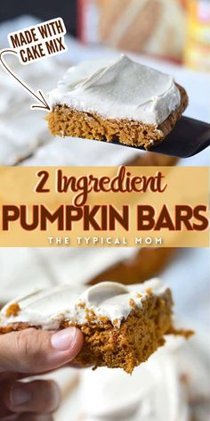 two ingredient pumpkin bars with white frosting on top and the text overlay reads, 2 ingredient pumpkin bars