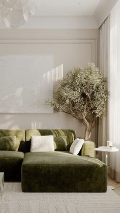 Evergreen Couch Living Room, Green Couch Dark Floor, Green Lounge Aesthetic, Monochromatic Green Living Room, Green Living Room Designs, Olive Couch Living Room Ideas, Soft Minimalism Interior, Interior Design Green, Green Accent Living Room