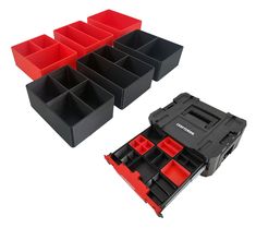 two black and red tool boxes with dividers on them, one is open and the other is closed