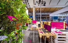 an office filled with lots of desks covered in pink and white covers, surrounded by greenery