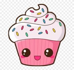 a pink cupcake with sprinkles on it's face and eyes