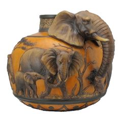 an orange vase with elephants painted on the front and sides, sitting on a white background