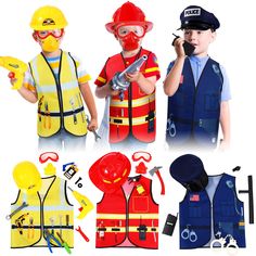 children's fireman costumes and accessories are shown in three different styles, including safety vests