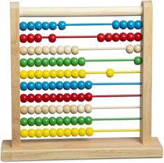 an abacusk toy with wooden beads and colored wood pegs on white background