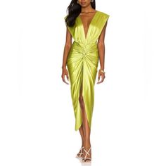 As Seen In Camila Coehlo. Only Worn Twice And Handwashed. Excellent Like New Condition. Color: Pistachio Stretch Fabrication. Plunging V-Neck Sleeveless Pulls Over 80% Nylon/20% Elastane Hand Wash Always Free Shipping! Check Out My Closet Green Ruched Dress For Gala, Yellow Ruched Evening Dress, Yellow Fitted Midi Dress For Gala, Fitted Yellow Midi Dress For Gala, Yellow Draped Ruched Dress, Yellow Draped Dress With Ruched Details, Elegant Yellow Ruched Maxi Dress, Elegant Ruched Yellow Maxi Dress, Yellow Draped Summer Dress