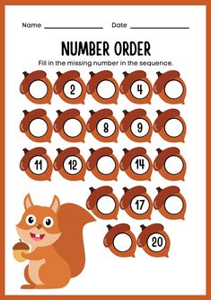 a printable number order poster with an image of a squirrel and numbers on it