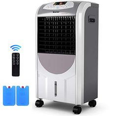 an air cooler sitting next to two batteries and a remote control unit on wheels,