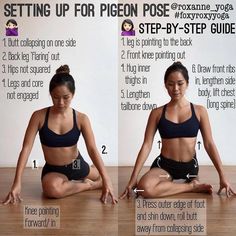 a woman sitting in the middle of a yoga pose with instructions on how to do it