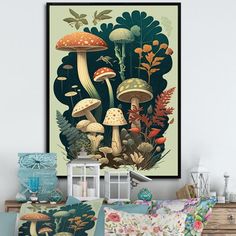 a bedroom with mushrooms and plants on the wall