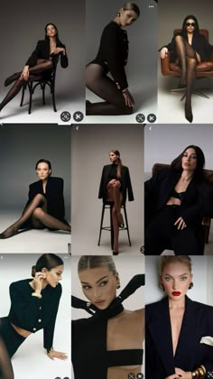 many different pictures of women in black outfits and stockings, with one woman sitting on a chair