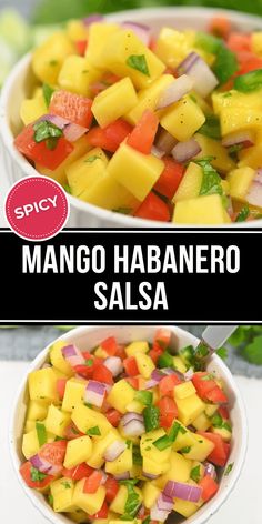 mango habanero salsa in a white bowl with text overlay that reads spicy mango habanero salsa