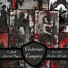 an image of victorian vampire collages with red and black paint on them,