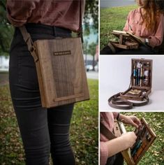 a collage of photos showing the contents of a purse