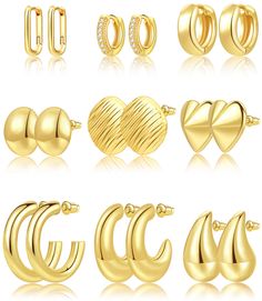 PRICES MAY VARY. 14K Gold Plated: These gold hoop earrings are made of high-quality 14K gold plating, ensuring they are lead and nickel-free, and hypoallergenic. They won't harm sensitive ears. The high-polished surface ensures lasting color retention, so you don't have to worry about tarnishing or fading over time. Statement Gold Earrings Hoops Set: This set includes 9 pairs of uniquely designed gold earrings, featuring small huggie earrings, gold hoops, gold chunky hoops, earring jackets, and Gold Earrings Hoops, Statement Gold Earrings, Thick Gold Hoop Earrings, Thick Gold Hoops, Earrings Gold Hoops, Chunky Gold Hoop Earrings, 14k Gold Hoop Earrings, Huggie Earrings Gold, Small Gold Hoop Earrings