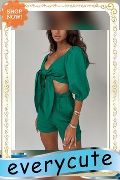 Green 100%rayon Tie Front Top and Shorts Set Casual V-neck Summer Set, Chic Two-piece Summer Set, Green Linen Casual Sets, Casual Green Linen Set, Solid Color Two-piece Summer Set, Solid Two-piece Summer Set, Summer Two-piece Sets, Solid V-neck Summer Sets, Chic V-neck Summer Sets