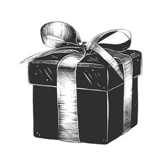 a black and white drawing of a present box with a ribbon on the top,