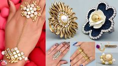 many different types of rings and bracelets with flowers on the top one is gold