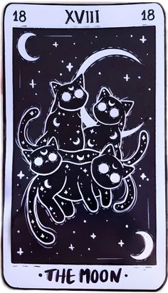 a tarot card with two cats sitting on it's back and the moon in the background