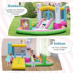 an inflatable bounce house with two children playing on it and the inside one has a slide