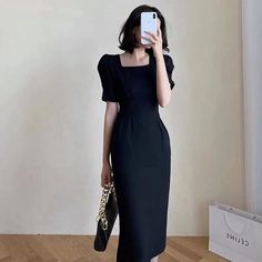 Bodycon Dress Puff Sleeve, Black Puff Sleeve Midi Dress, Modest Black Dress Classy, Black Dress Office, Empire Pattern, Outfit Elegantes, Dress Office, Office Dresses For Women, Brocade Dresses