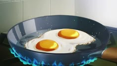 two fried eggs in a frying pan on the stove