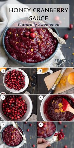 the steps to make cranberry sauce in a pot with text overlay that reads honey cranberry sauce naturally sweetened