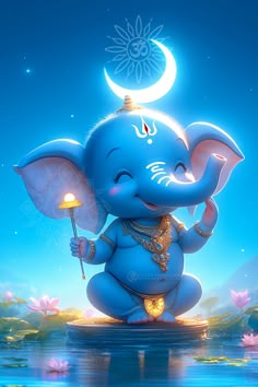 an elephant is sitting in the water holding a lamp