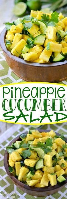 pineapple cucumber salad in a wooden bowl