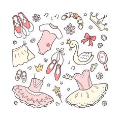 a drawing of ballet shoes and tiaras